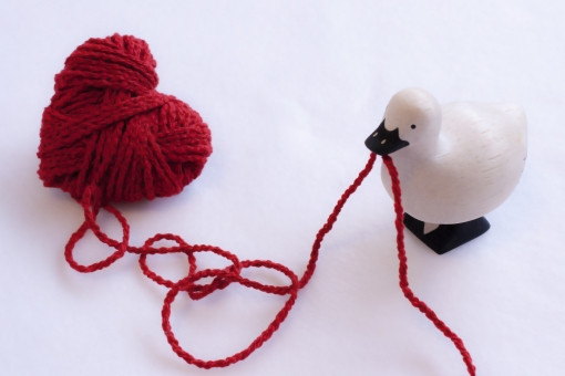 毛糸で出来たハートを食べる鳩